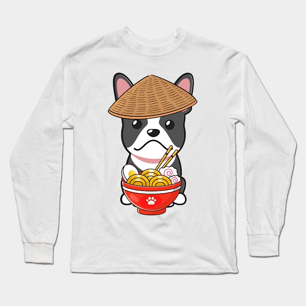 Funny French Bulldog Eating Noodles Long Sleeve T-Shirt by Pet Station